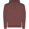 A maroon hooded sweatshirt featuring a front pocket and drawstring hood, with a logo on the front.