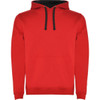 A red urban hooded sweatshirt featuring a black hood and drawstrings, complete with a front pocket and logo.