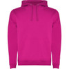 A bright pink hooded sweatshirt with a front pocket and drawstrings. It features a logo on one area.