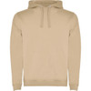 A beige hooded sweatshirt with a spacious front pocket and a drawstring hood. It features a logo.