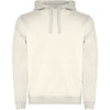 A cream-coloured hooded sweatshirt with a front pocket and drawstrings, featuring a logo on the chest.