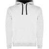 A white hooded sweatshirt with a black hood and drawstrings. It features a front pocket and has a logo.