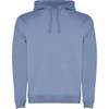 A blue urban hooded sweatshirt with a front pocket and drawstring hood. It features a logo.