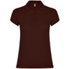 A brown women’s polo shirt featuring a classic collar and button placket. Includes branding on the garment.