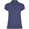 A navy women's polo shirt featuring a classic collar and three-button placket, with a branded logo.