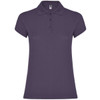 A women's polo shirt in a deep purple shade with a three-button placket and short sleeves. It features a logo.