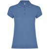 A blue women's polo shirt with a classic collar and short sleeves, featuring a logo on the chest.