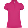 A pink women's polo shirt with a collar and short sleeves, featuring three buttons and a branding logo.