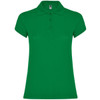 A green women's polo shirt with a collar and short sleeves, featuring a logo.