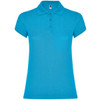 A bright blue women's polo shirt with a collared neckline and short sleeves. It features a logo on the chest.