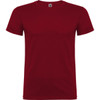 A red T-shirt featuring a crew neck design and short sleeves. It has a small logo on the collar.