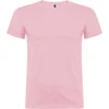 A pink T-shirt featuring a logo on the neckline, with a classic crew neck design.