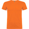 An orange T-shirt with short sleeves and a logo on the collar.