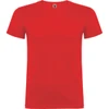 A red t-shirt with a round neck and short sleeves, featuring a logo on the neckline.