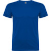 A blue T-shirt with a round neckline and short sleeves, featuring a branding logo at the collar.
