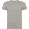 A plain grey T-shirt with a round neck and short sleeves, featuring a small logo on the neckline.
