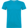 A bright turquoise T-shirt with a round neckline and short sleeves, featuring a logo tag on the collar.
