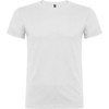 A plain white t-shirt with a round neckline and short sleeves. It features a logo at the neckline.