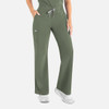A pair of olive green wide leg pants with full elastic waist and pockets, featured on a model.