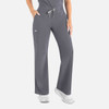 A pair of grey high waist, full elastic wide leg pants with a drawstring and pockets, featuring a logo.