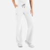 White high-waist, full elastic wide-leg pants featuring pockets and a drawstring, designed for scrub bottoms.