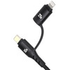 A black fast charging data cable with USB-C and Lightning connectors, featuring a braided design and power ratings on the ends.