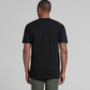 A black men's t-shirt displayed from the back, featuring short sleeves and a simple design.