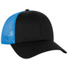 A black and blue 6 panel trucker hat with a mesh back and a curved brim, featuring a logo.