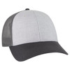 A grey and black 6 panel trucker hat with a mesh back and curved brim. It features a logo on the front.