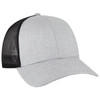 A grey 6 Panel Trucker Hat with a black mesh back and a curved brim. Features a logo on the front panel.