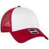A red and white 6 panel low profile trucker cap featuring a mesh back and an attached logo on the front.