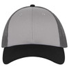 A 6 Panel Low Profile Trucker Cap featuring a grey front and black visor, with mesh side and back panels.