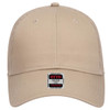 A beige 6 panel low profile trucker cap with a mesh back and a branded label on the front.
