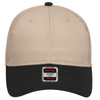 A beige and black six-panel low profile trucker cap with a mesh back and a brand label on the front.