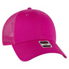 A pink 6-panel low profile trucker cap with a mesh back and a branded label.