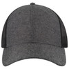 A 6-panel low profile trucker cap in grey with black mesh sides and back, featuring a logo.