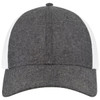 A grey and white six-panel low profile trucker cap with a curved brim and a logo.