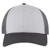 A grey and black low profile trucker cap with a mesh back and a logo on the front.