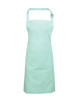 A mint green bib apron with a pocket and an adjustable neck strap, featuring a logo on the front.