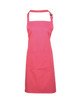 A pink bib apron with a pocket, featuring an adjustable neck strap and a logo.