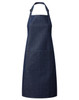 A dark blue bib apron featuring an adjustable neck strap and a front pocket. It includes a logo on the pocket.