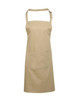 A beige bib apron with a pocket and an adjustable neck strap, featuring a branding logo.