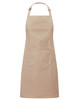 A beige bib apron with a front pocket and an adjustable neck strap. It features a logo on the front.