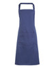 A navy blue bib apron featuring a front pocket and an adjustable neck strap. It includes branding.