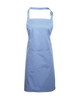 A blue bib apron featuring an adjustable neck strap and a front pocket, with a branding logo present.