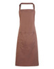 A brown bib apron with a pocket and an adjustable neck strap, featuring a logo.