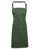 A green bib apron with a pocket and an adjustable neck strap, featuring a logo.