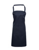 A navy blue bib apron with a pocket and an adjustable neck strap, featuring a logo.