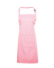 A pink bib apron with a pocket, featuring adjustable straps and a simple design. It includes a logo.