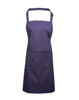 A purple bib apron with a pocket, featuring an adjustable neck strap and a simple design. It has a branding logo.